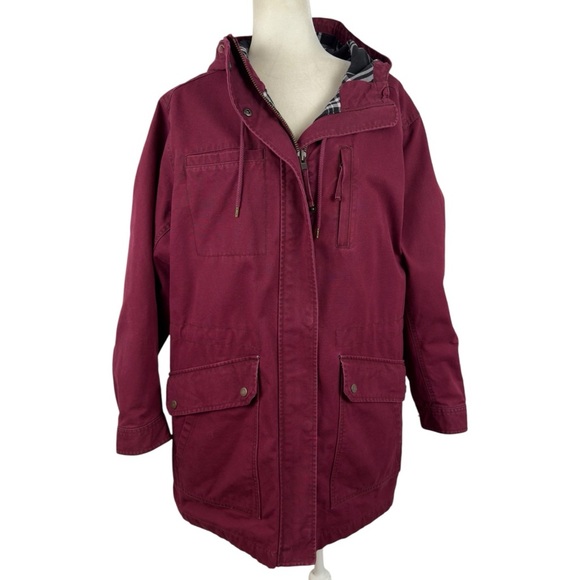 Duluth Trading Co Womens Burgundy Can-Do Canvas Coat Flannel Lined Utility 1X - Picture 1 of 16